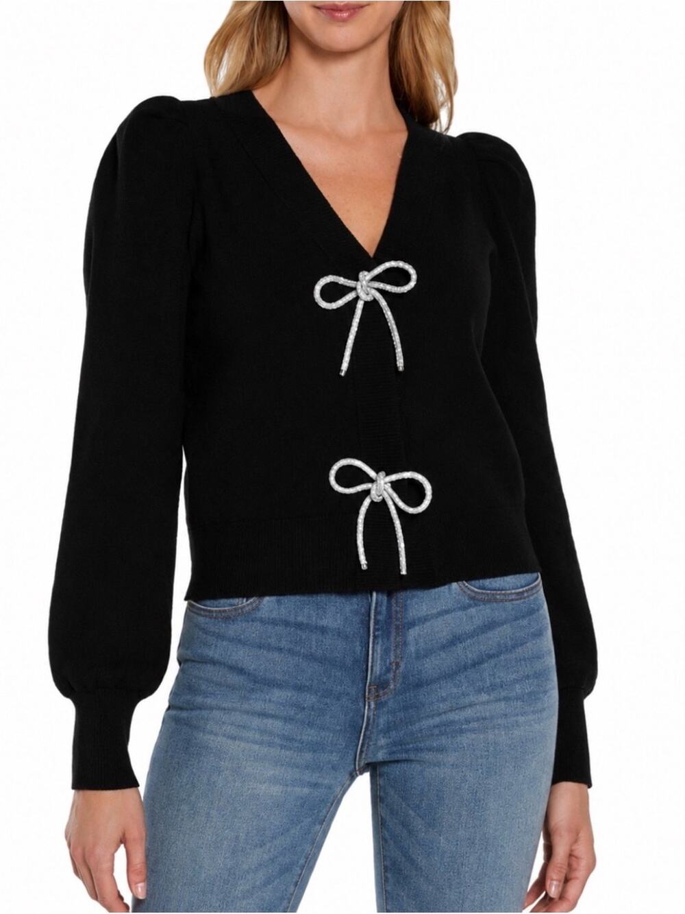 Express Black Rhinestone Bow Tie Cardigan Sweater Size Small